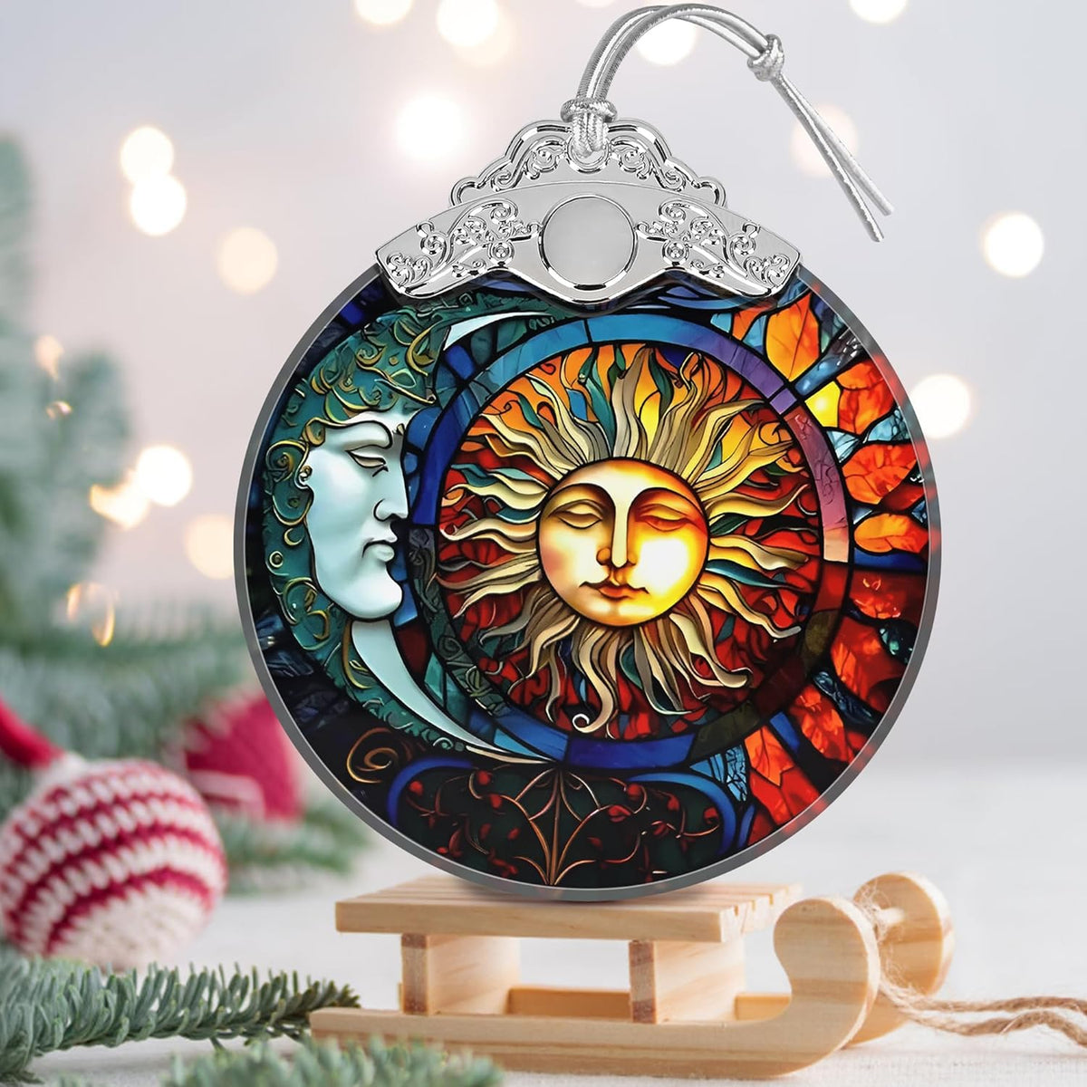 Stained Glass Sun and Moon Ornament - Christmas Ornaments - Christmas Tree Decorations - Holiday
