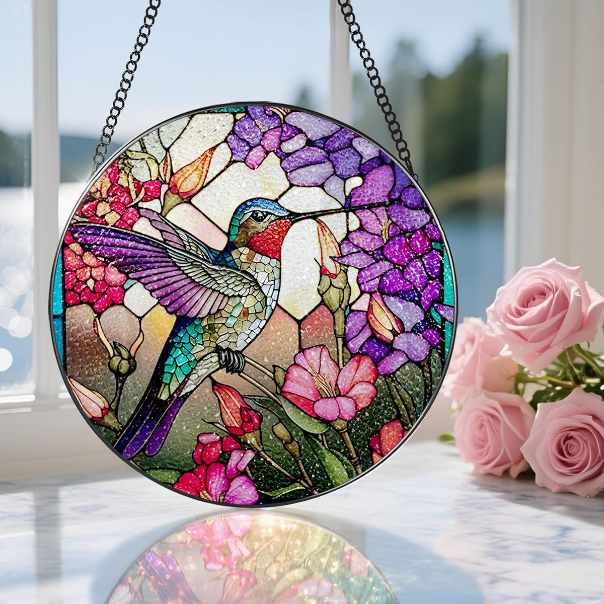 8 Inch Stained Glass Suncatcher Ornament, DOUHASU Hummingbird Sun Catchers Indoor Window, Stained