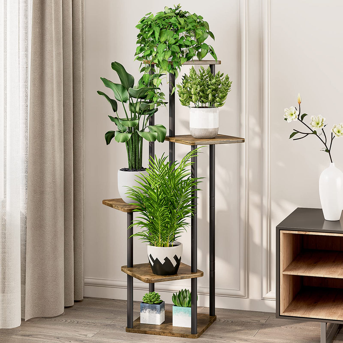 AZERPIAN 5 Tier Tall Plant Stand Indoor Corner Tiered Shelf Metal MDF Board