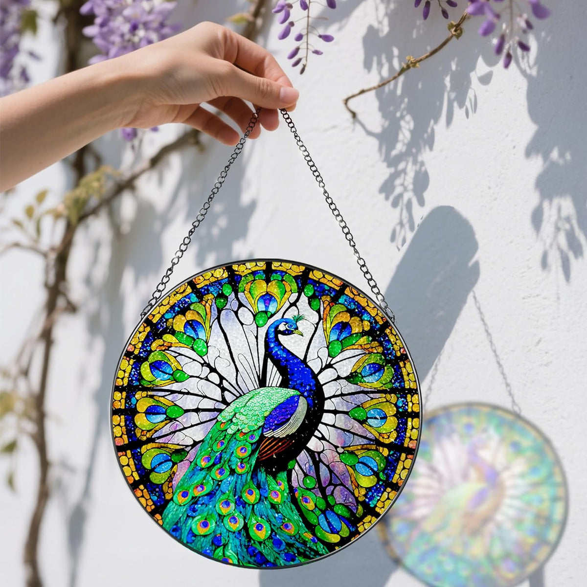 8 Inch Stained Glass Suncatcher Ornament, DOUHASU Peacock Sun Catchers Indoor Window, Stained Glass