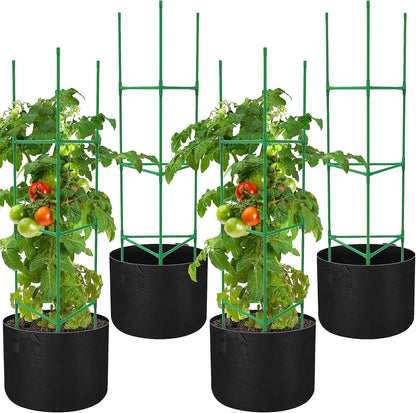 4 Packs 47 x 12 Inch Garden Tomato Cages with Grow Bags- Triangle Plant Support Trellis Assembled