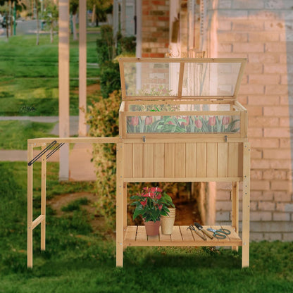 Macrout Cold Frame Greenhouse with Foldable Potting Table, Raised Garden Bed Planter Box with Legs