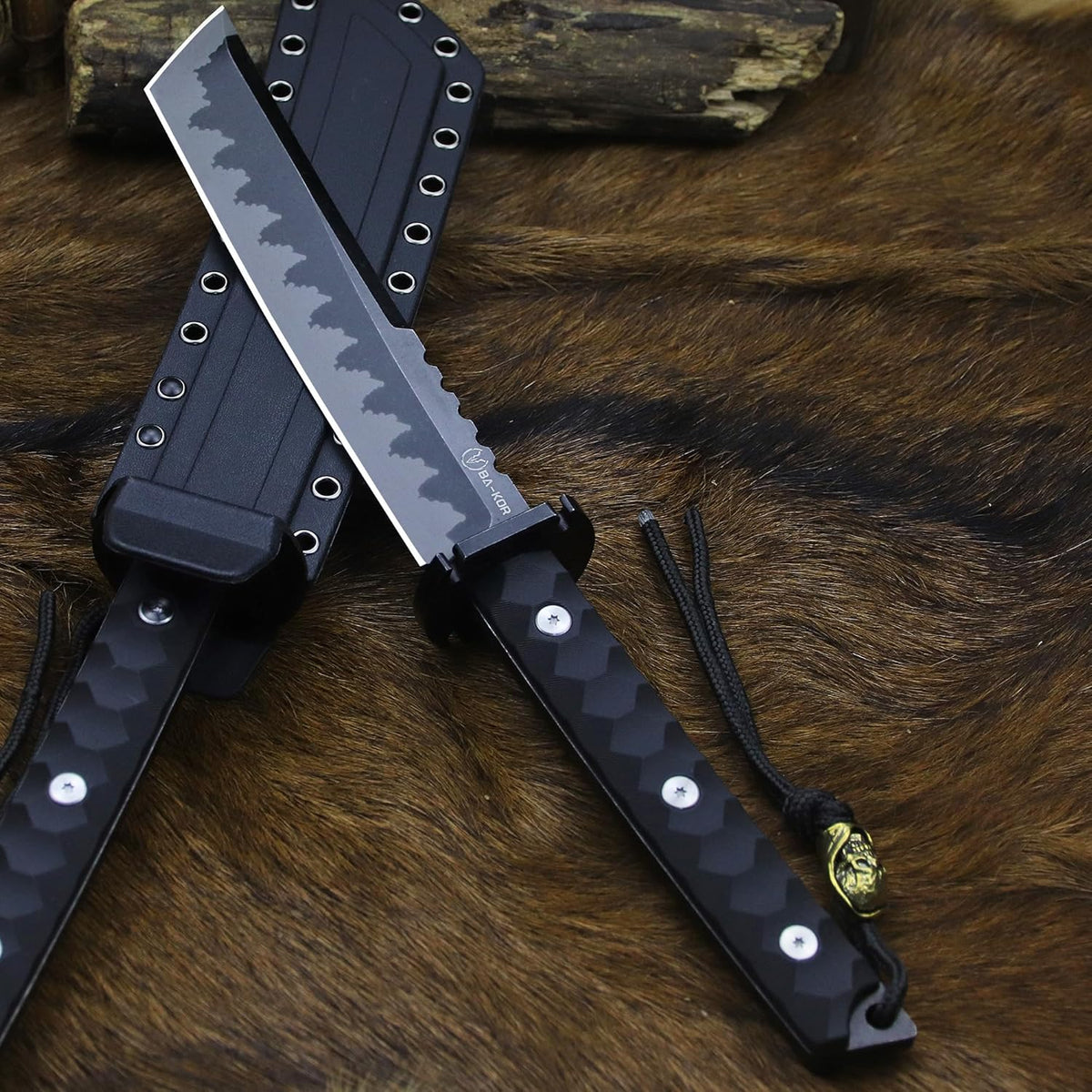BA-KOR 15.8in Full Tang Japanese Style Outdoor Knife –8mm DC53 Steel, Nylon Fiber Handle &Sheath