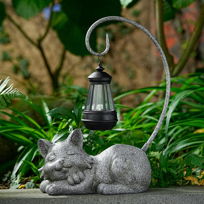 Outdoor Cat Figurine Garden Statue with Solar-Powered LED Light 13.77 Inches Tall Gift Garden