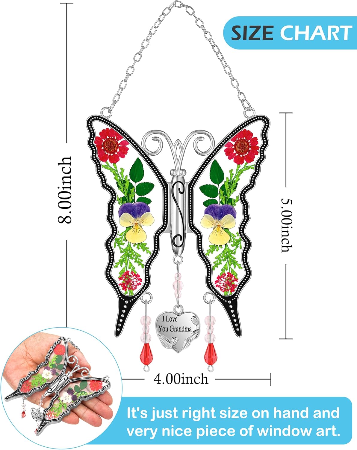 KY&BOSAM Gifts for Women I Love You Grandma Butterfly Suncatcher Stained Glass Suncatchers for