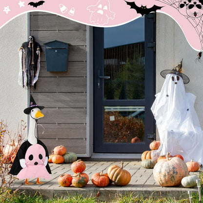Sanwuta 1 Set Halloween Porch Goose Outfit Pink Ghost Pillow Design with Witch Hat for 23" Lawn