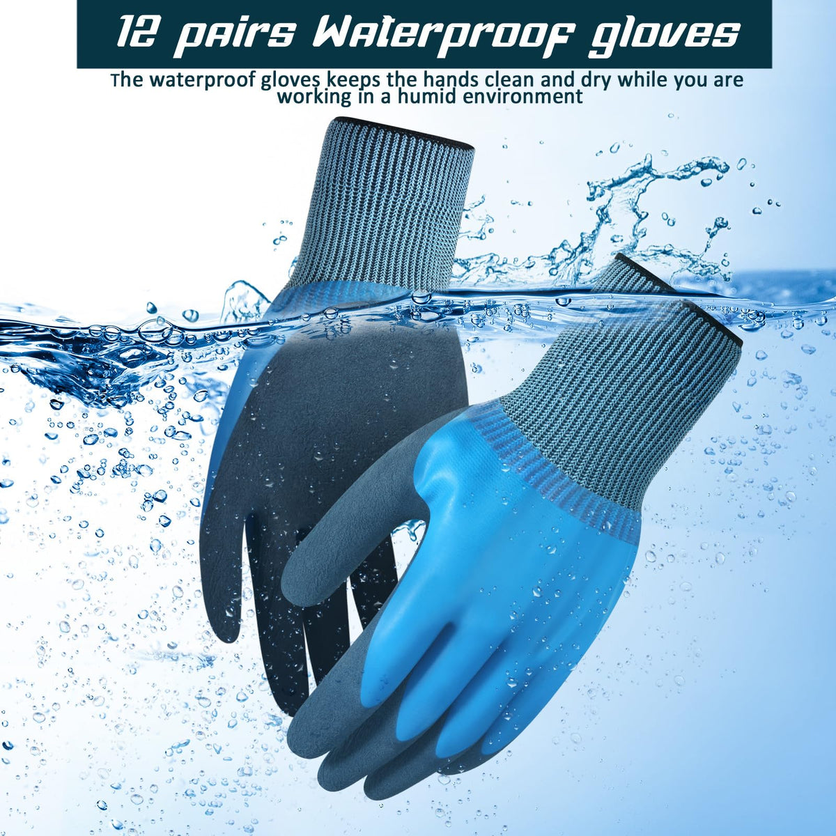 Mimorou 12 Pairs Waterproof Work Gloves Double Coated Rubber,M,Blue