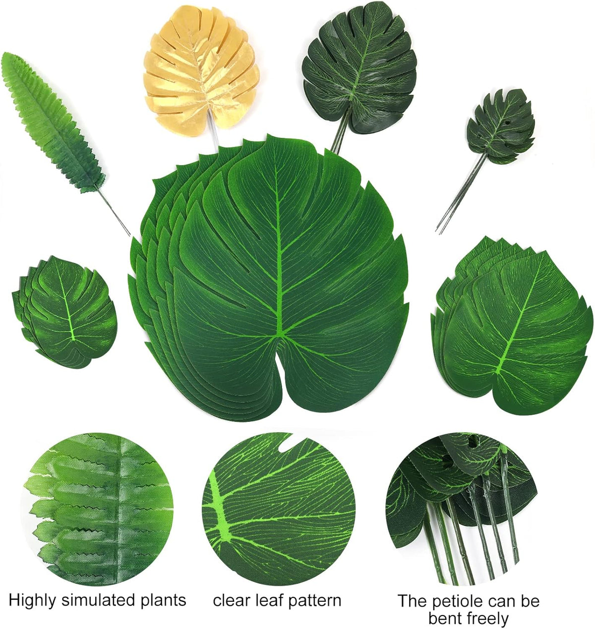 RECUTMS Artificial Tropical Palm Leaves 72Pcs 7 Kinds Green Gold Fake Monstera Leaf with Stem for