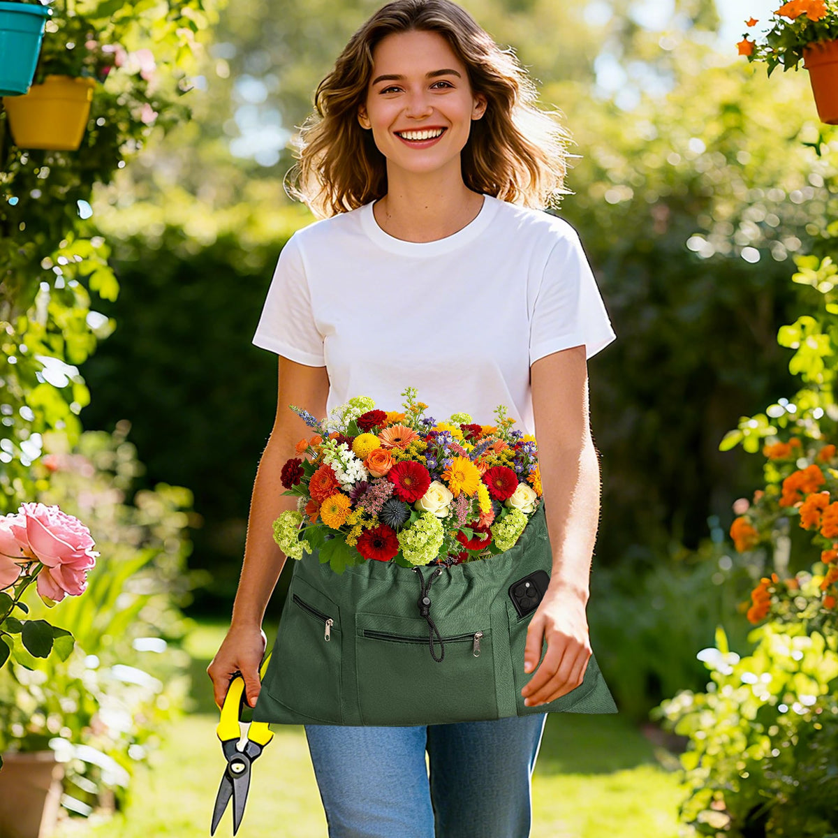 Gardening Apron, Garden Aprons with Pockets & Drawstring Bag, Waterproof 600D Fruit Storage Harvest
