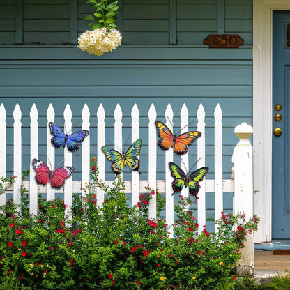 EOORAU Metal Butterfly Wall Outdoor Decor - 5 Pack Metal Butterflies Wall Art Sculpture Hanging