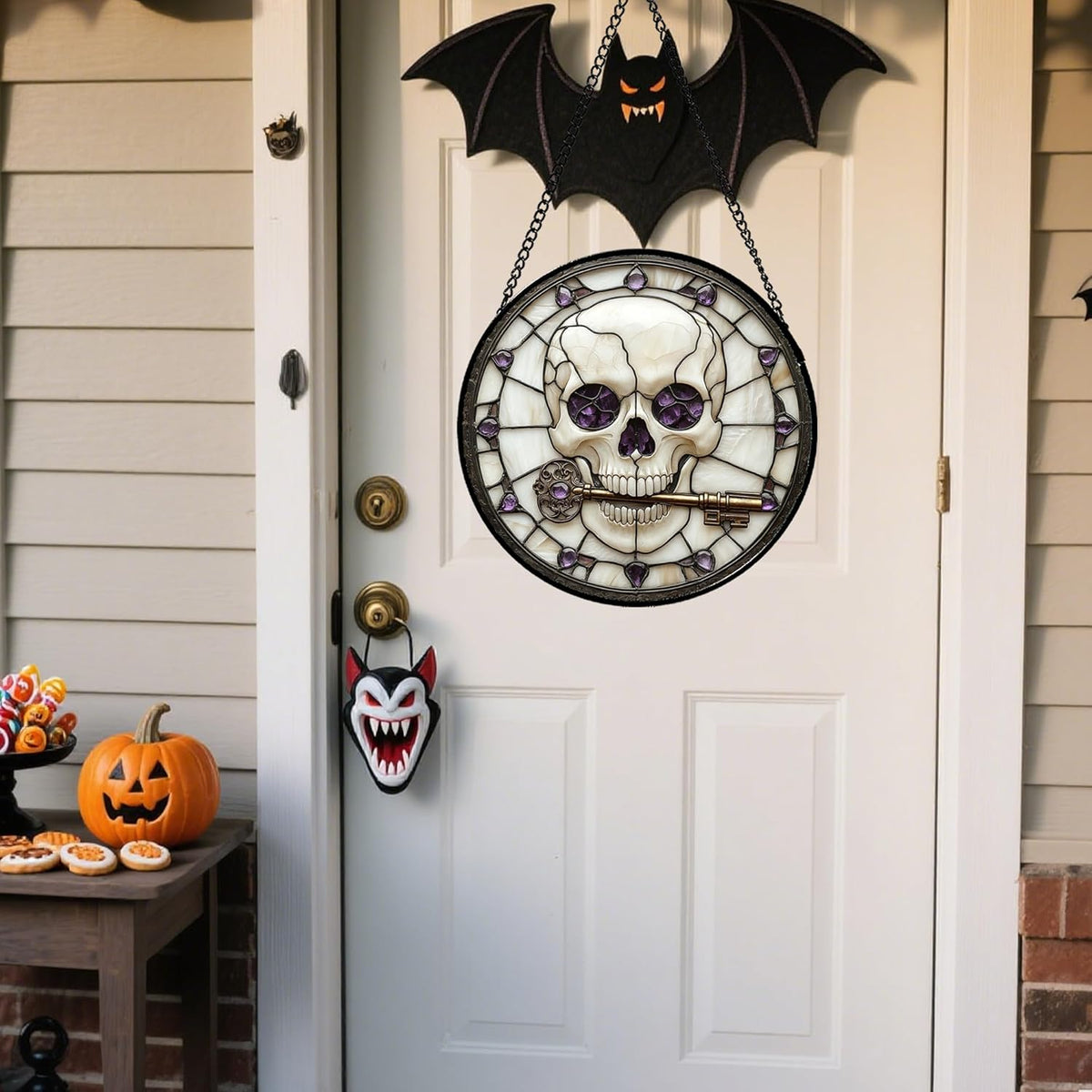 Stained Glass Window Hanging - Halloween Scary Skull Suncatcher for Doors Garden Home Spooky Purple