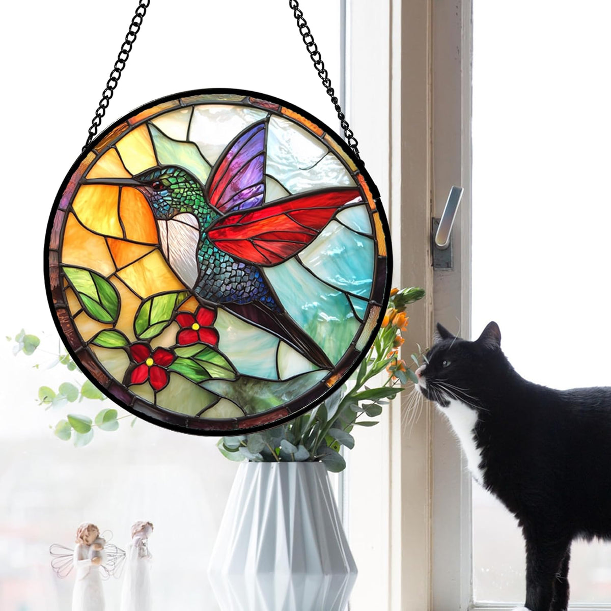 Stained Glass Window Hanging, Hummingbird Gifts Sun Catchers Diamond Glass Panel Hangings Birds