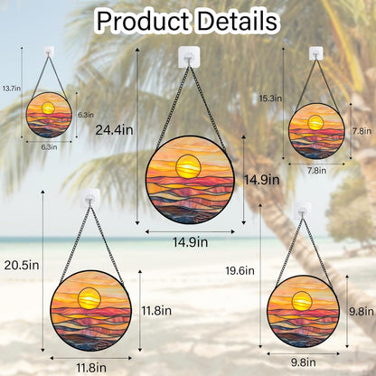 Stained Glass Window Hanging, Orange Sunrise Suncatcher Diamond Glass Panel Hangings Scenery Sun