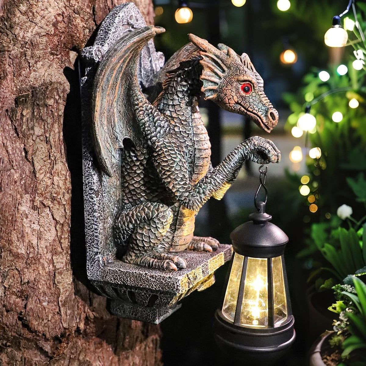 Dragon Statue Solar Lantern for Garden Décor, Dragons Figurine Night Light, 10”Outdoor Decorative