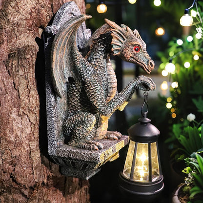 Dragon Statue Solar Lantern for Garden Décor, Dragons Figurine Night Light, 10”Outdoor Decorative