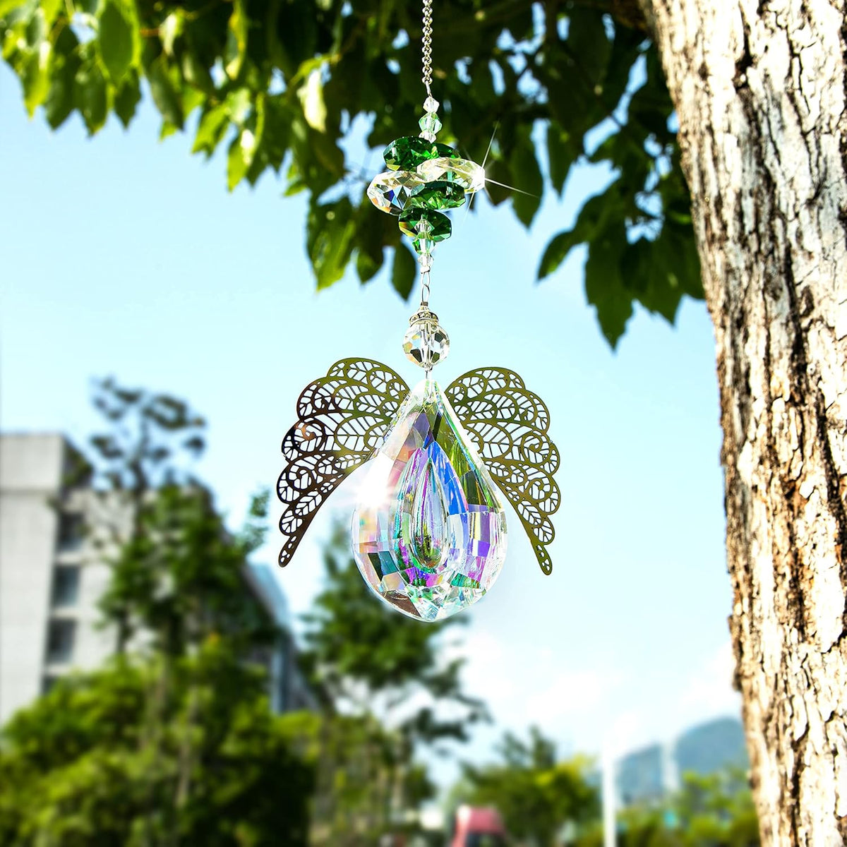H&D HYALINE & DORA Metal Angel Wing Pendant with Rainbow Crystal Prisms Suncatcher Window Home