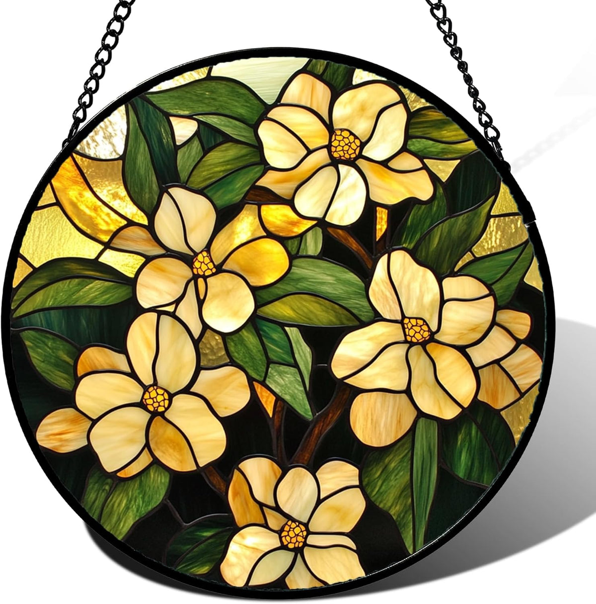 Stained Glass Window Hanging - Yellow Flower Green Leaf Suncatcher for Doors Garden Patio Fall