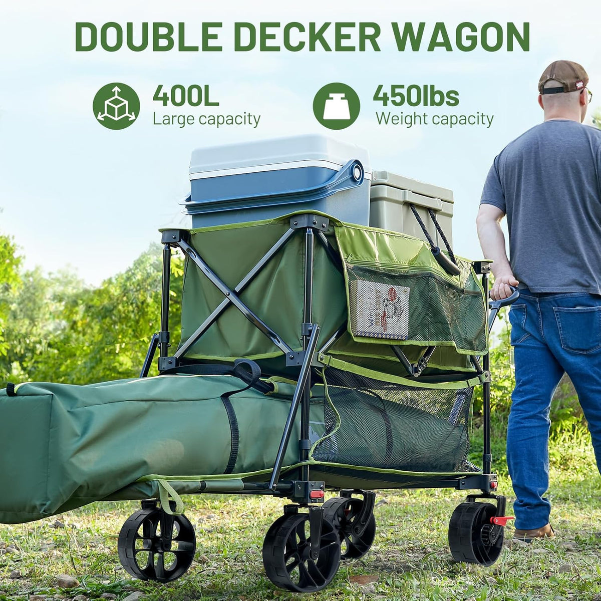 TIMBER RIDGE 400L Large Capacity Folding Double Decker Wagon with Brakes, 54" Extra Long Extender