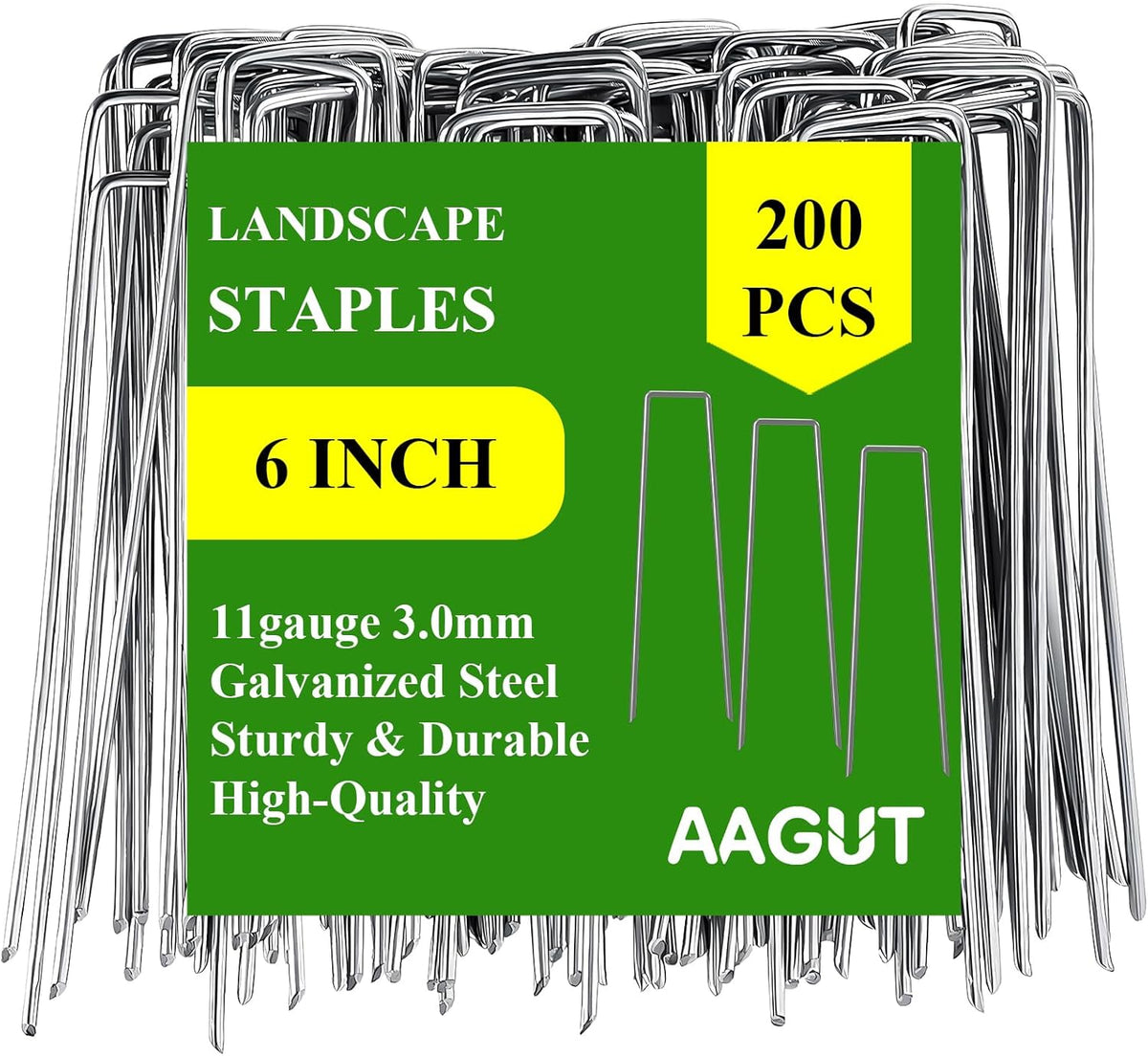 AAGUT Garden Stakes Pins, Landscape Staples 200 Pack 6 Inch 11-Gauge Galvanized Lawn Stake for Dog