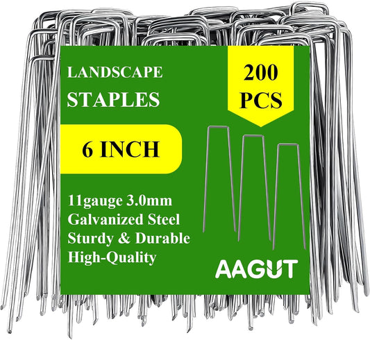 AAGUT Garden Stakes Pins, Landscape Staples 200 Pack 6 Inch 11-Gauge Galvanized Lawn Stake for Dog