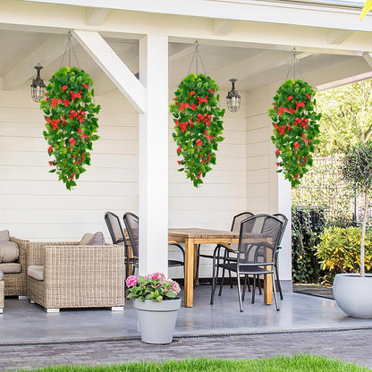 BLEUM CADE Artificial Hanging Flowers for Outdoors, 2pcs Fake Hanging Plants Pothos Vines with Red
