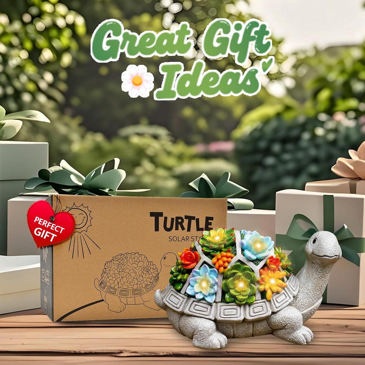 Nacome Garden Outdoor Statues Turtle with Succulent and 7 LED Lights - Lawn Decor Tortoise Statue