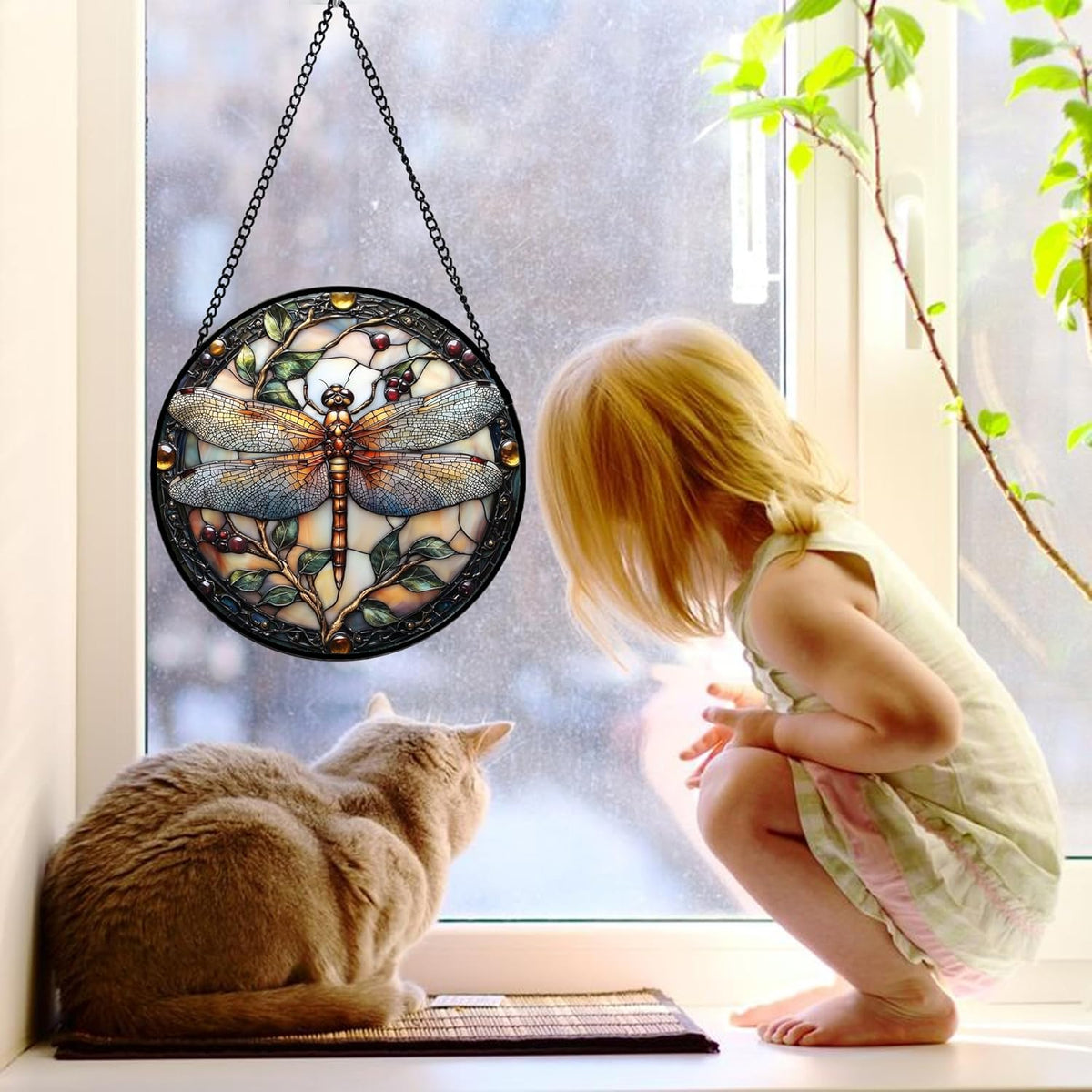 Stained Glass Window Hanging - Dragonfly Plant Suncatcher Ready to Hang Window Doors Home