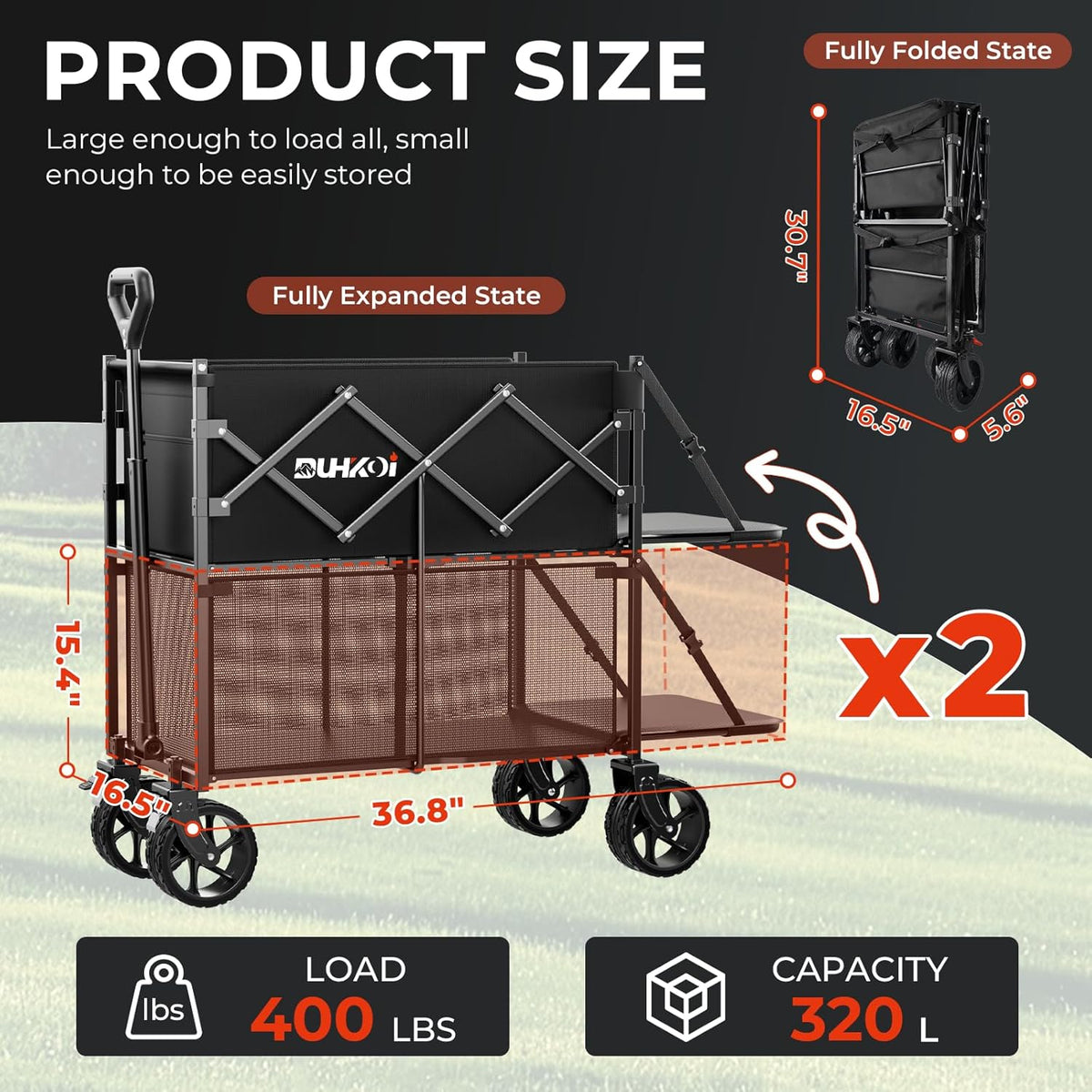 Double Decker Wagon 320L Large Capacity 400LBS Collapsible Sports Utility Cart with Big