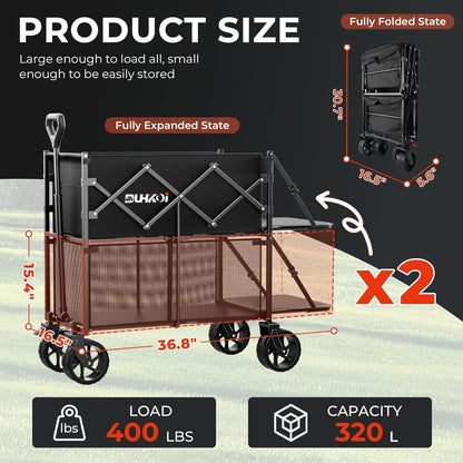 Double Decker Wagon 320L Large Capacity 400LBS Collapsible Sports Utility Cart with Big