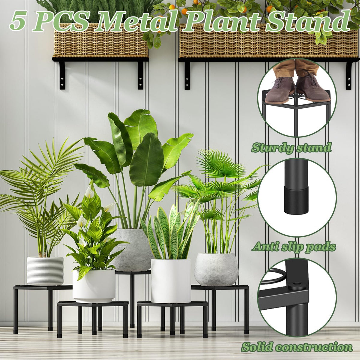 5-Pack Metal Plant Stands, Anti-Rust Iron Flower Pot Stand Heavy Duty Plant Pot Shelf for Multiple