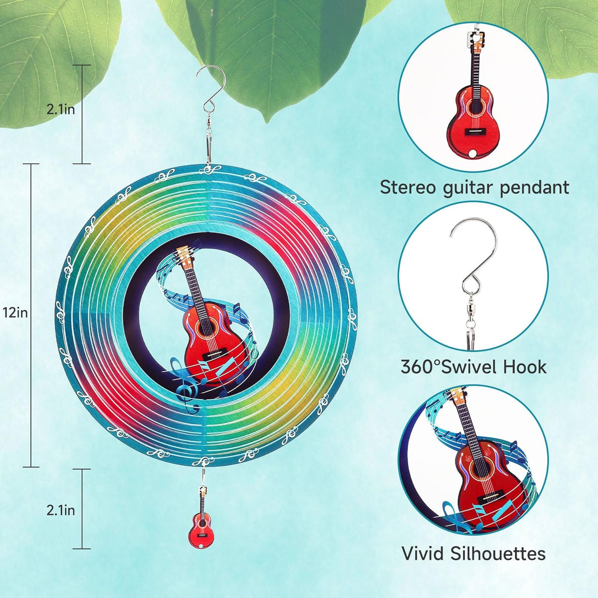 Guitar Wind Spinners Garden Yard Decor Gift for Women Men, 12 Inch Outdoor Metal 3D Wind Spinner