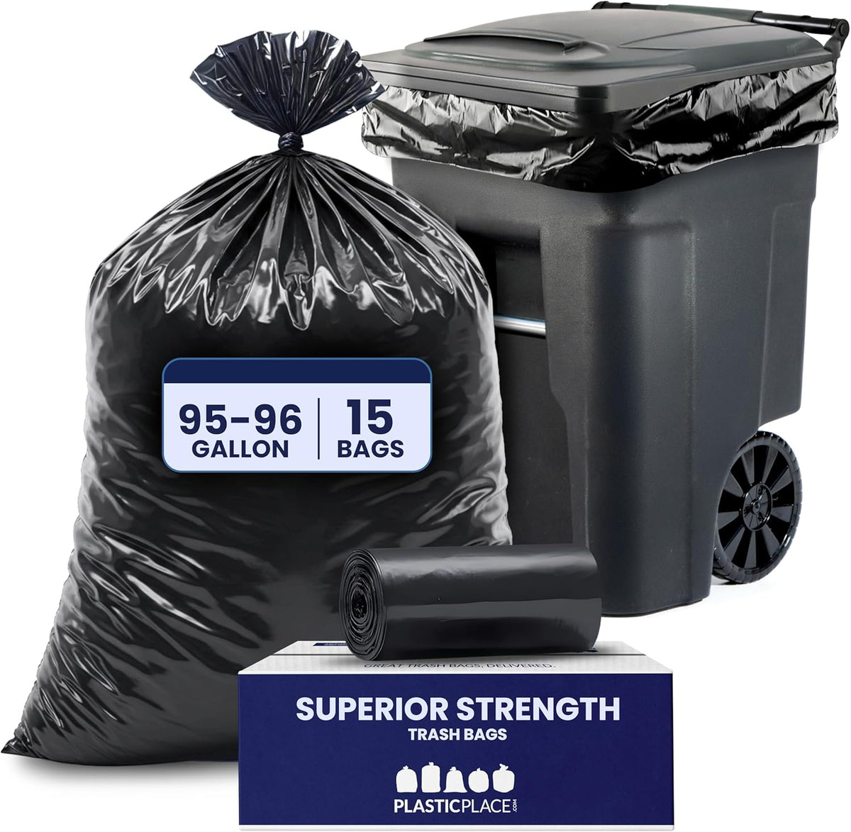Plasticplace 95-96 Gallon Heavy Duty Black Trash Bags - Contractor Grade, Extra Large Garbage Bags