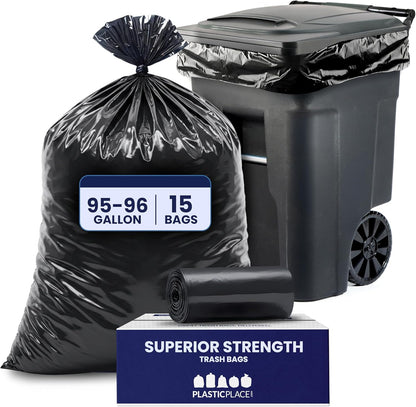 Plasticplace 95-96 Gallon Heavy Duty Black Trash Bags - Contractor Grade, Extra Large Garbage Bags