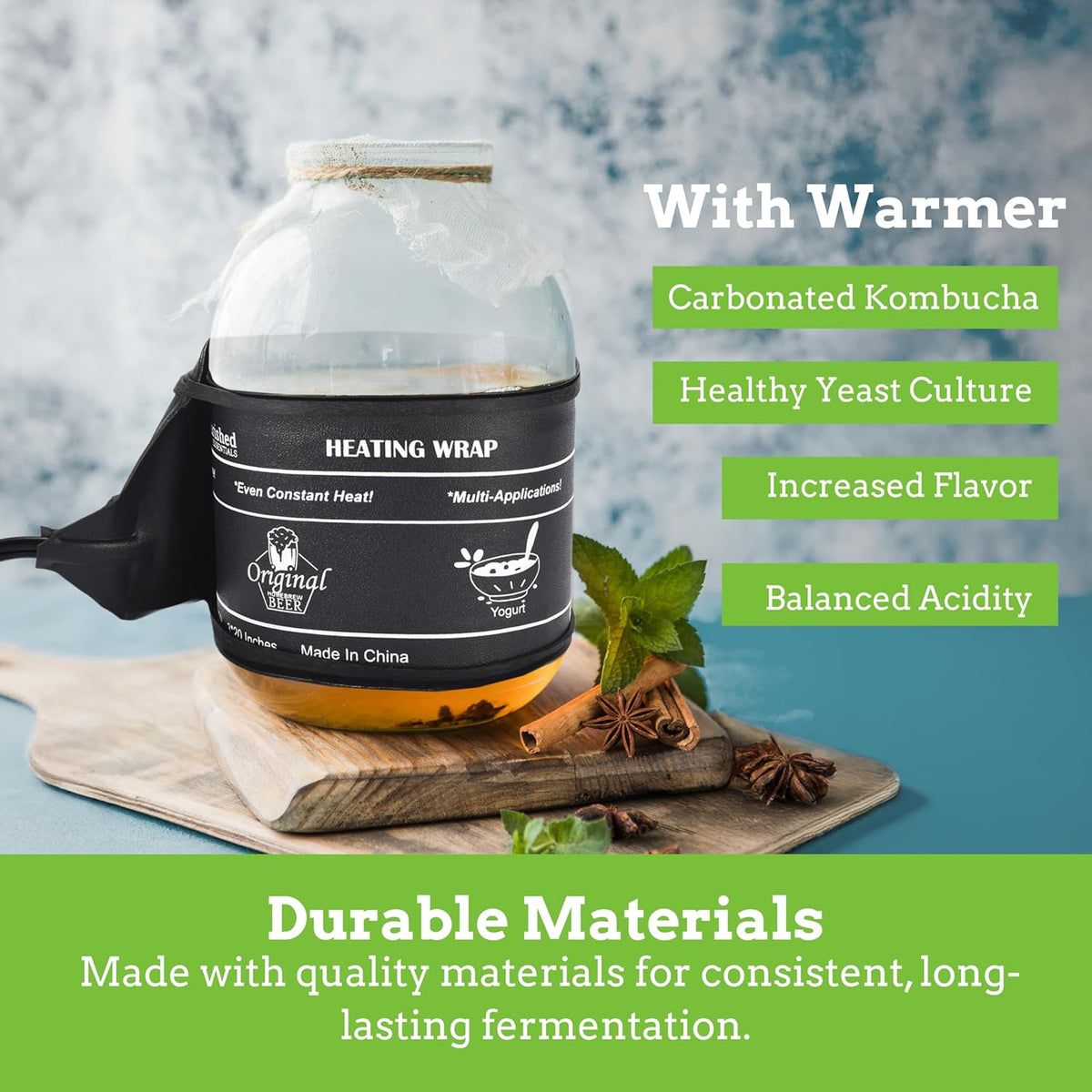 Nourished Essentials | Kombucha Heating Wrap Black - 3''x20'' - Precise Temperature Control for
