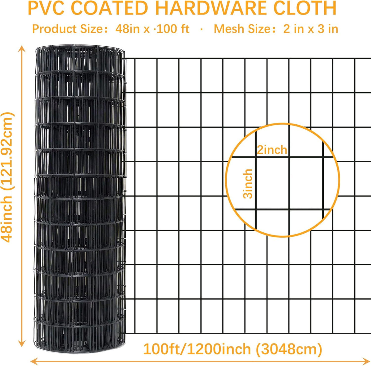 Black Metal Garden Fence, 48inch(H) x 100ft(L), 2 inch x 3 inch,14GA 2/3/4/5/6 Ft Tall Chicken Wire