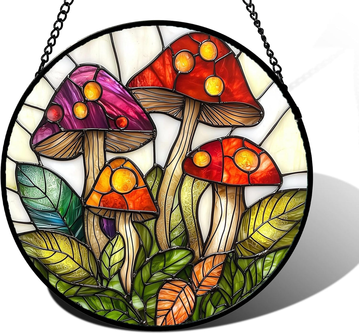 Stained Glass Window Hanging, Mushroom Leaves Suncatcher for Doors Home Sun Catchers Decoration and