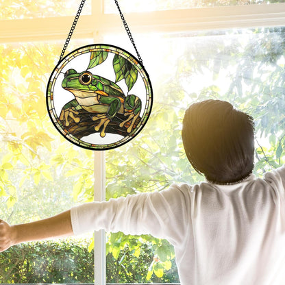 Stained Glass Window Hanging, Frog Green Leaf Sun Catchers Colorful Glass Panel Cool Suncatcher