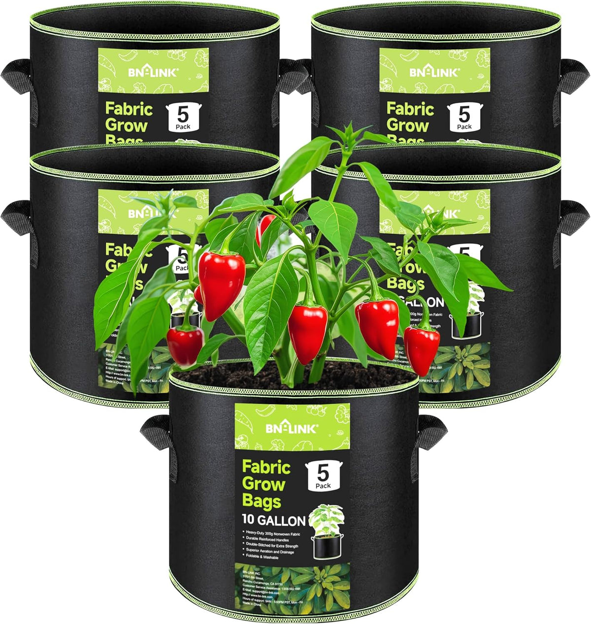 BN-LINK 5-Pack 10 Gallon Grow Bags, Heavy Duty Aeration Fabric Pots with Handles, Thickened