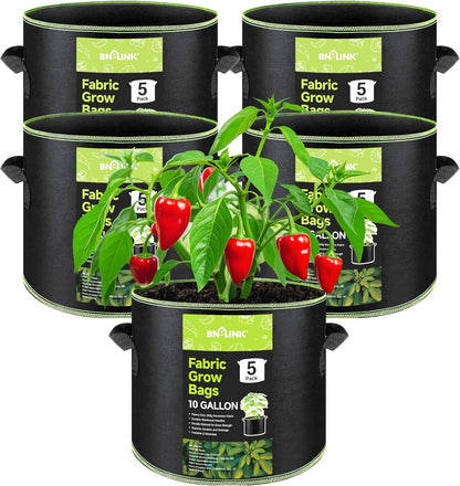 BN-LINK 5-Pack 10 Gallon Grow Bags, Heavy Duty Aeration Fabric Pots with Handles, Thickened