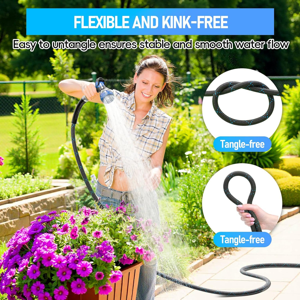 SPECILITE Garden Hose 75ft, 3-Layer Flexible Water Hose with 8 Pattern Spray Nozzle, Non-Expanding