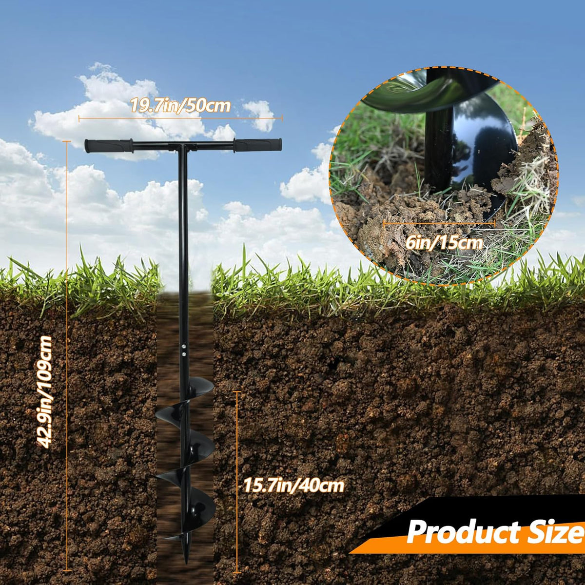 2 in 1 Hand Auger Spiral Drill for Planting, 6 X 42.9inch Post Hole Digger Manual Auger for Fence