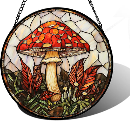 Stained Glass Window Hanging, Big Red Mushroom Suncatcher for Doors Home Sun Catchers Decoration