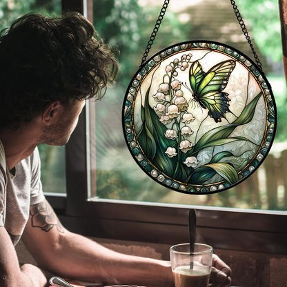 Stained Glass Window Hanging, Lily of The Valley Flower Butterfly Suncatcher for Doors Home Sun