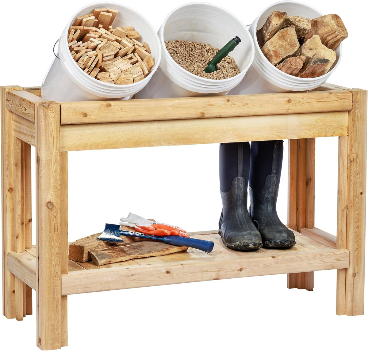 Greenes Fence Three Bucket Cedar Storage with Shelf, 44 in. x 16 in. x 30 in. - Made in USA with