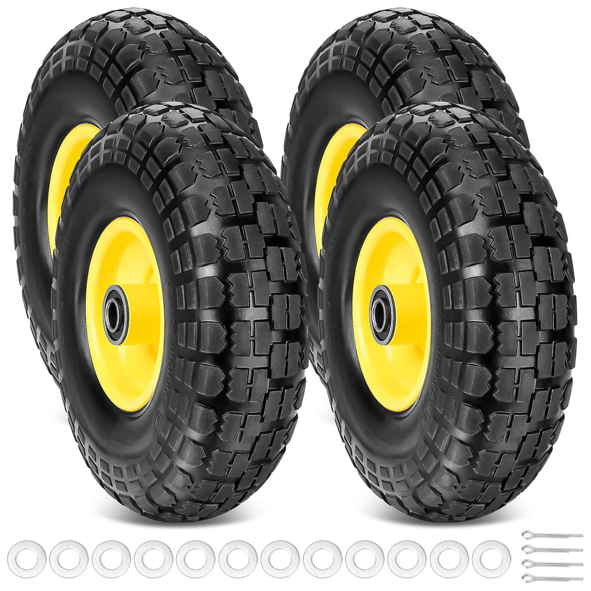 TICONN 10" Solid Tires, 4 Pack Flat Free 4.10/3.50-4'' Wheels with 5/8” Axle Bore Hole and Double