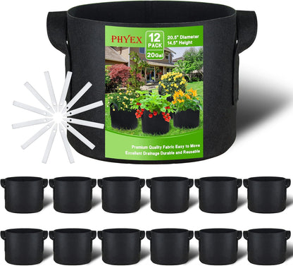 PHYEX 12-Pack 20 Gallon Grow Bags, Heavy Duty Fabric Pots with Handles, Reusable Plant Bags for
