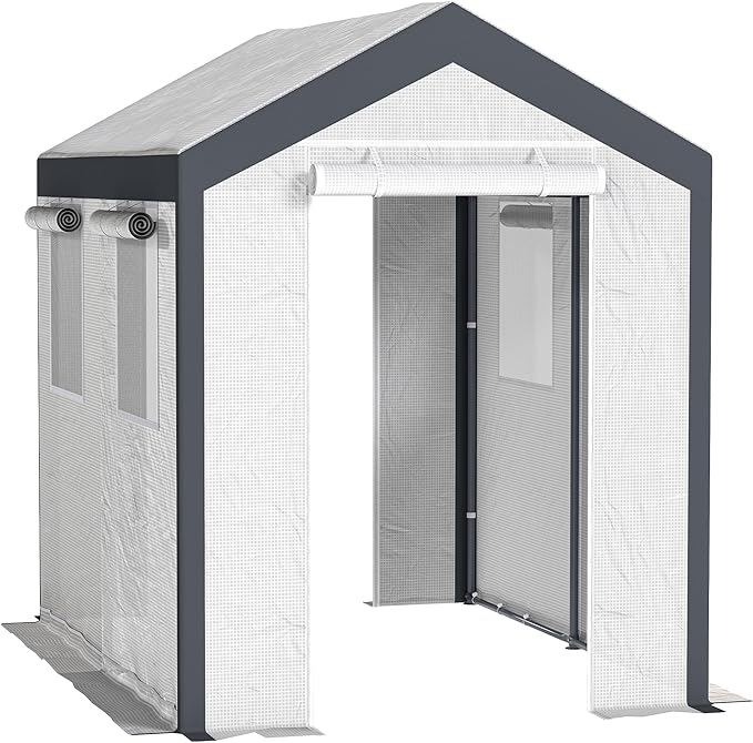 Outsunny 8' x 6' x 7' Walk-in Greenhouse, Outdoor Garden Warm Hot House with 4 Roll-up Windows, 2