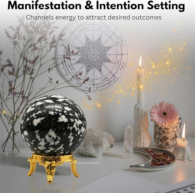 Amazing Gemstone Black and White Tourmaline Crystal Ball with Stand - 2" Inches Crystal Sphere