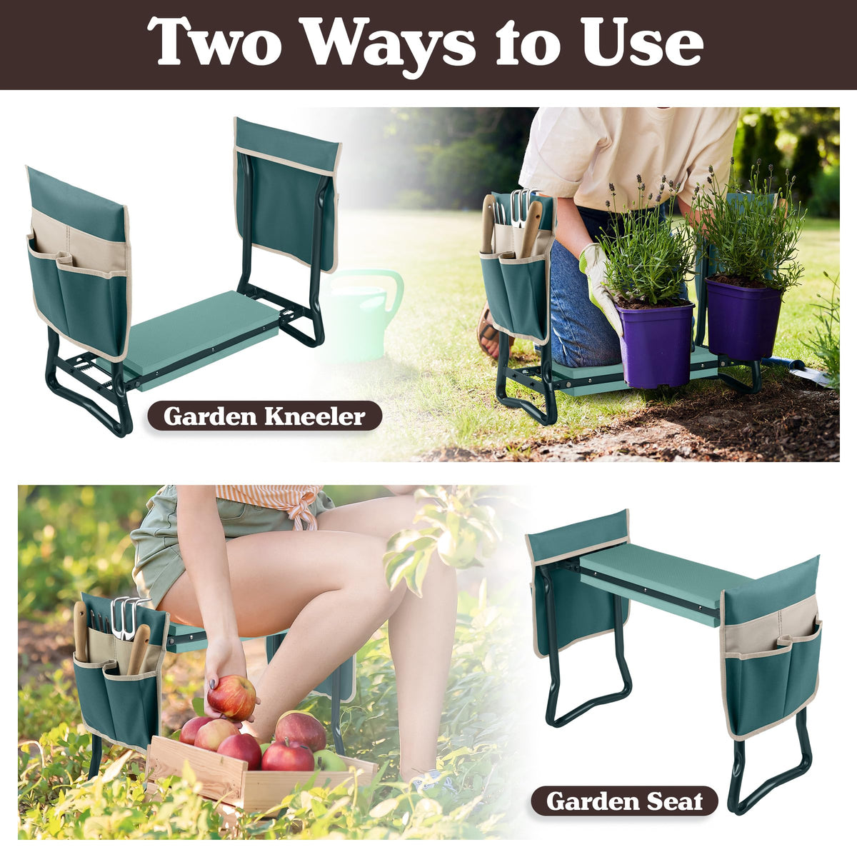 Pure Garden 2-in-1 Foldable Garden Kneeler and Seat, Green