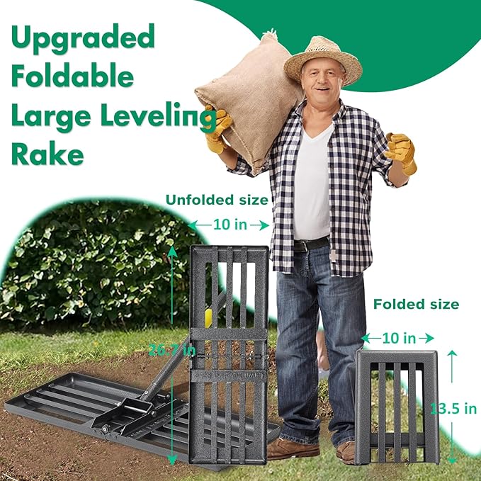 Lawn Leveling Rake,Folding 30x10 Inch Ground Plate,56 Inch Adjustable Long Handle Yard Level Tool